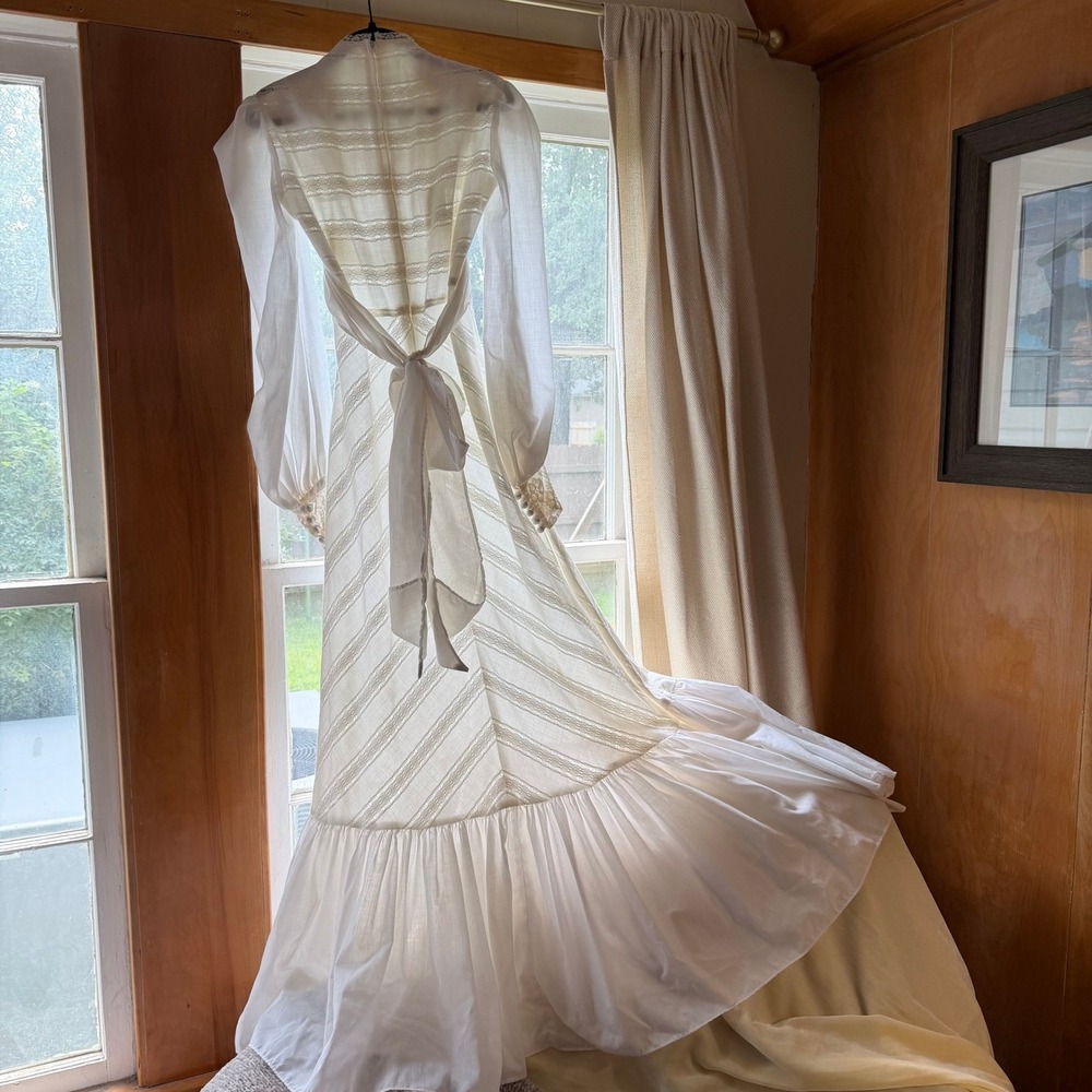 Vintage 70s Jody of California White Prairie Maxi Dress Lace Bishop Sleeve Small - Picture 7 of 16